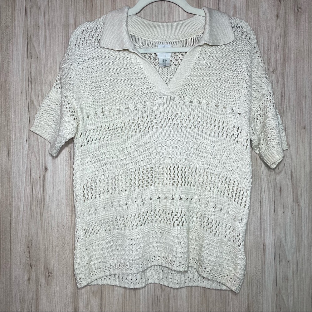 Joie Short Sleeve Open Knit Crochet Collared Sweater Ivory/Cream M